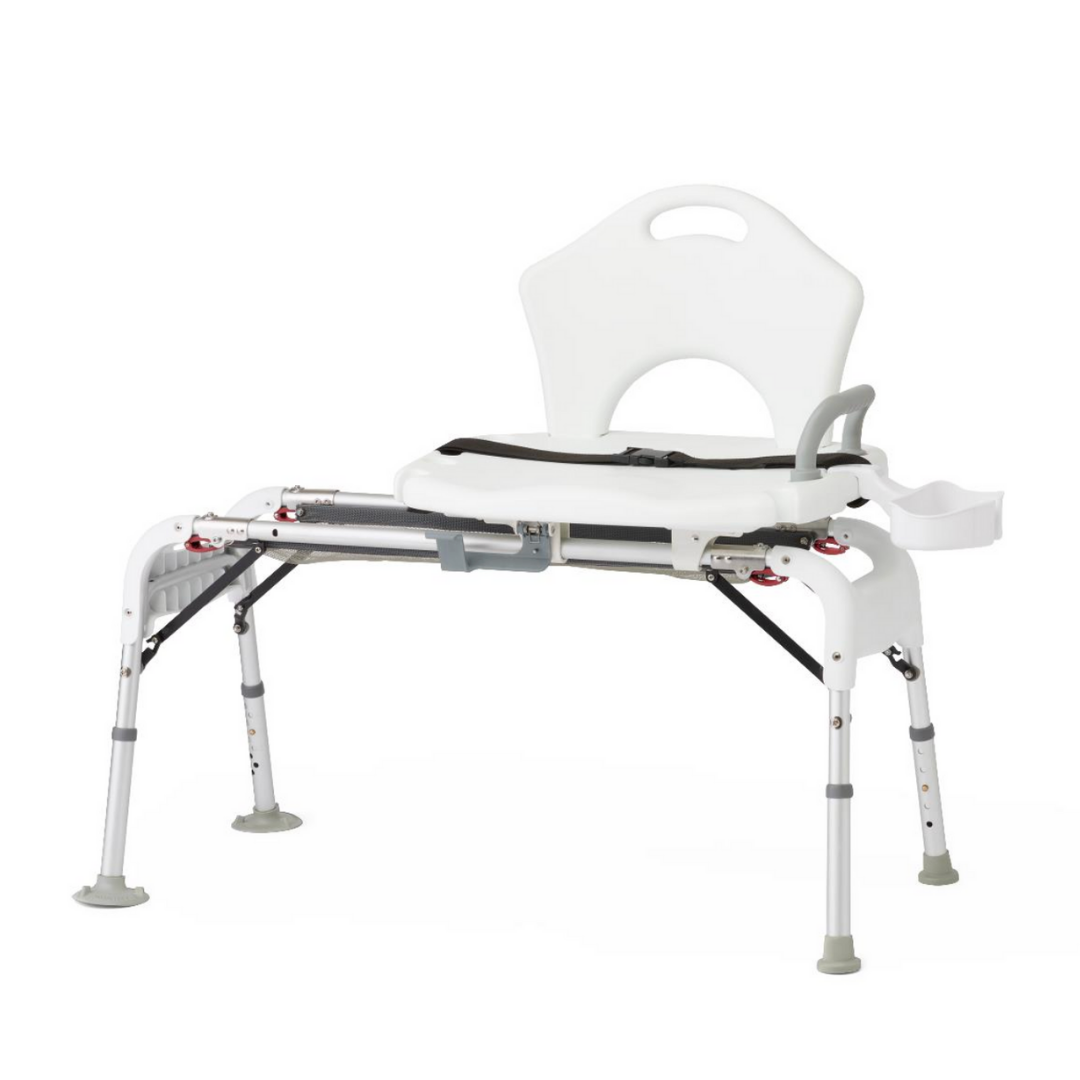 The Medline Sliding Transfer Bathtub Bench - Folding & Portable features a backrest, armrest, wide seat, sturdy legs with rubber tips for stability, and a removable tray. It offers high weight capacity for bariatric users.